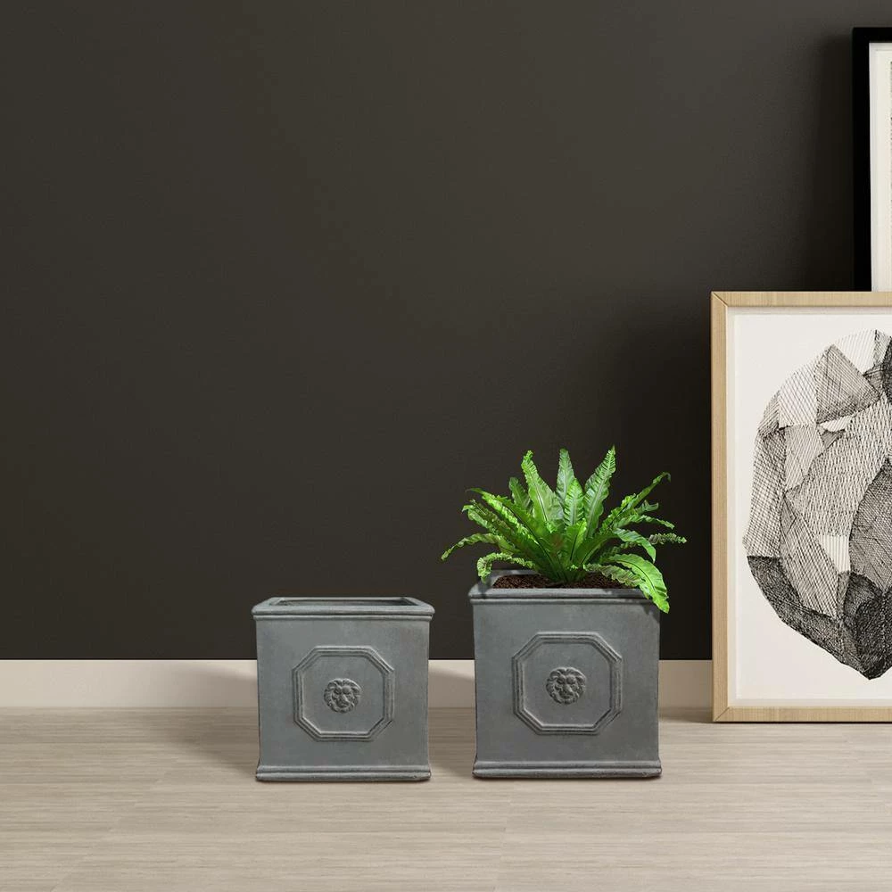 KANTE 12.5" and 10.2"H Square Antique Gray Lightweight Classic English Style Lion Head Planter (Set of 2) Outdoor/Indoor 6 KANTE 12.5" and 10.2"H Square Antique Gray Lightweight Classic English Style Lion Head Planter (Set of 2) Outdoor/Indoor - Image 4