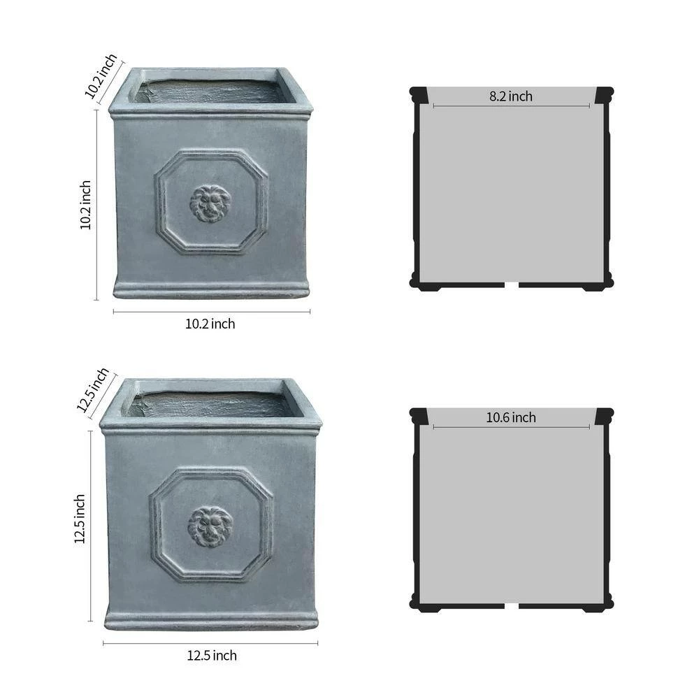 KANTE 12.5" and 10.2"H Square Antique Gray Lightweight Classic English Style Lion Head Planter (Set of 2) Outdoor/Indoor 4 KANTE 12.5" and 10.2"H Square Antique Gray Lightweight Classic English Style Lion Head Planter (Set of 2) Outdoor/Indoor - Image 2
