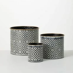 SULLIVANS Black and White Gemoetric Pattern Metal Planter (Set of 3)