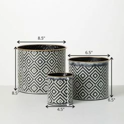 SULLIVANS Black and White Gemoetric Pattern Metal Planter (Set of 3) -VIGOR Plants Shop black and white patterned sullivans plant pots met1828 fa 1000
