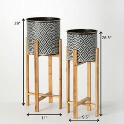 SULLIVANS Black and White Gemoetric Pattern Metal Planter on Stand (Set of 2) -VIGOR Plants Shop black and white patterned sullivans plant pots met1830 44 1000
