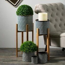 SULLIVANS Black and White Gemoetric Pattern Metal Planter on Stand (Set of 2) -VIGOR Plants Shop black and white patterned sullivans plant pots met1830 4f 1000