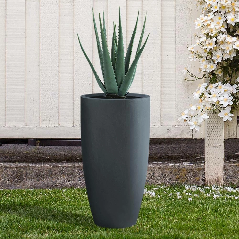 KANTE 13.39 in. x 23.62 in. Round Charcoal Finish Lightweight Concrete and Fiberglass Indoor Outdoor Planter w/Drainage Hole 8 KANTE 13.39 in. x 23.62 in. Round Charcoal Finish Lightweight Concrete and Fiberglass Indoor Outdoor Planter w/Drainage Hole - Image 6