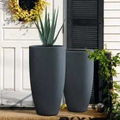 KANTE 31.4" and 23.6"H Charcoal Finish Concrete Tall Planters (Set of 2), Large Outdoor Indoor w/Drainage Hole & Rubber Plug -VIGOR Plants Shop charcoal kante plant pots rc0099ab c60121 1f 1000