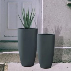 KANTE 31.4" and 23.6"H Charcoal Finish Concrete Tall Planters (Set of 2), Large Outdoor Indoor w/Drainage Hole & Rubber Plug -VIGOR Plants Shop charcoal kante plant pots rc0099ab c60121 fa 1000