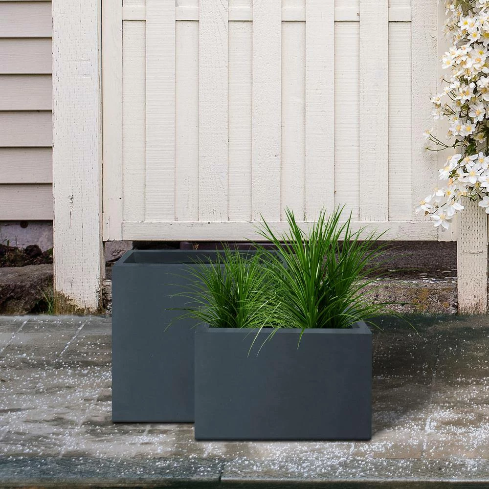 KANTE 23.6" and 19.4"L Rectangular Charcoal Finish Lightweight Concrete Long Planter w/ Drainage Hole Set of 2 Outdoor/Indoor 6 KANTE 23.6" and 19.4"L Rectangular Charcoal Finish Lightweight Concrete Long Planter w/ Drainage Hole Set of 2 Outdoor/Indoor - Image 4