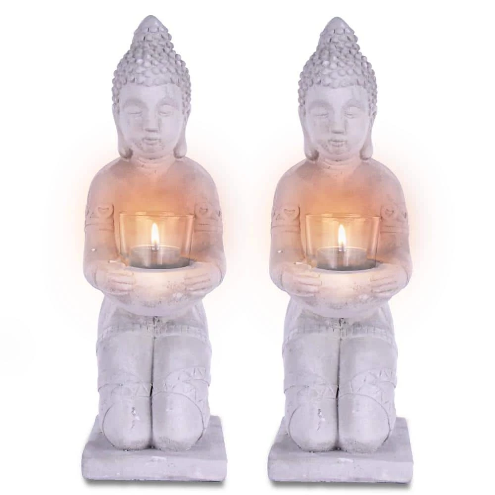 KANTE 12.8 in. H Gray Cement Buddha Garden Statue Tealight Candle Holder Ornament (2-Pack) 3 KANTE 12.8 in. H Gray Cement Buddha Garden Statue Tealight Candle Holder Ornament (2-Pack)