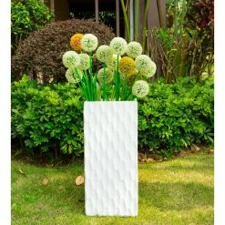 KANTE 27.6 in. H Square Pure White Concrete/Fiberglass Indoor Outdoor Elegant Retro Tall Planter