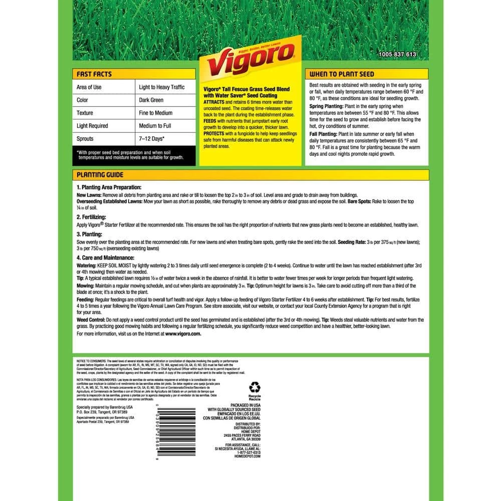 Vigoro 3 lbs. Tall Fescue Grass Seed Blend with Water Saver Seed Coating 5 Vigoro 3 lbs. Tall Fescue Grass Seed Blend with Water Saver Seed Coating - Image 3