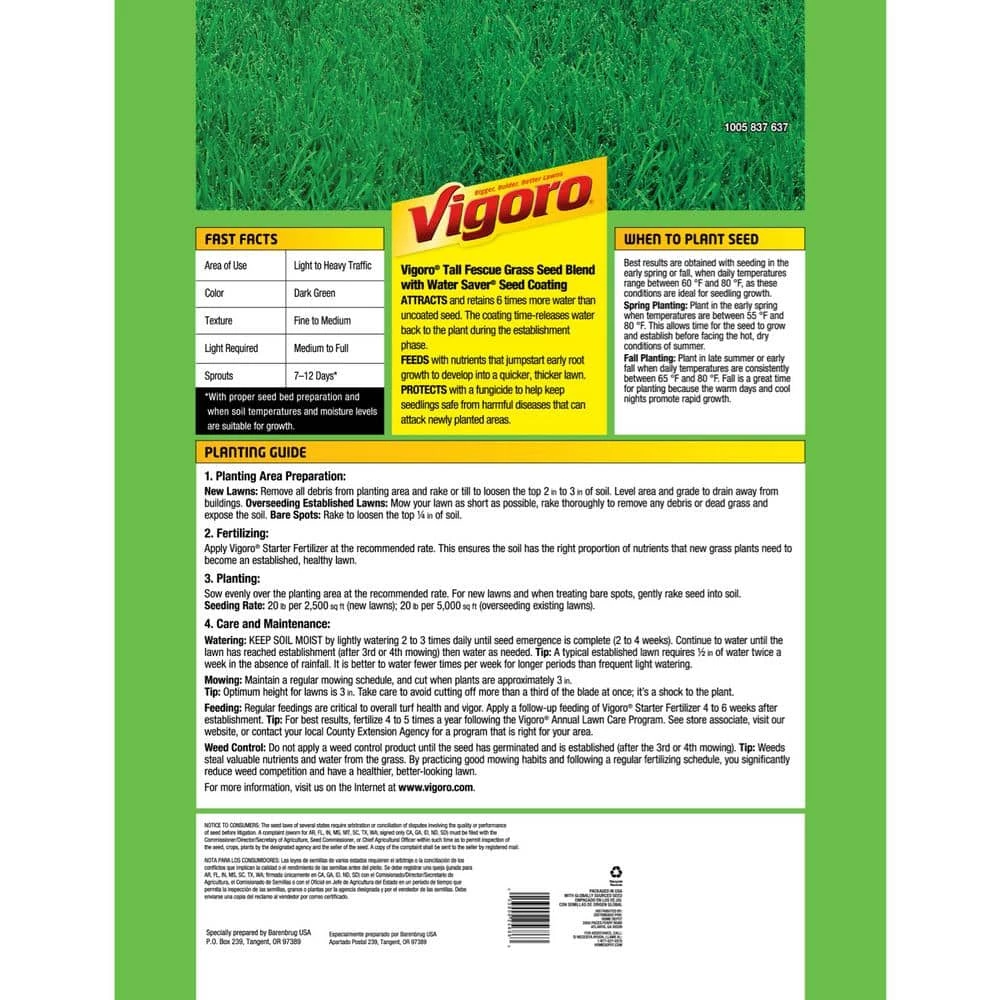 Vigoro 20 lbs. Tall Fescue Grass Seed Blend with Water Saver Seed Coating 5 Vigoro 20 lbs. Tall Fescue Grass Seed Blend with Water Saver Seed Coating - Image 3