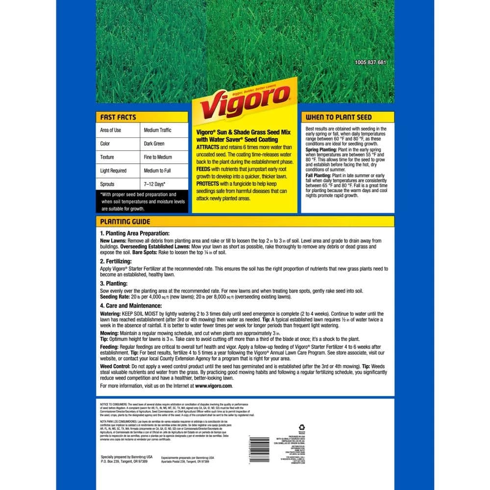 Vigoro 20 lbs. Sun and Shade Grass Seed Mix with Water Saver Seed Coating 5 Vigoro 20 lbs. Sun and Shade Grass Seed Mix with Water Saver Seed Coating - Image 3
