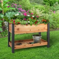 Vigoro 2 ft. x 4 ft. Elevated Cedar Garden Bed with Shelf (Vinyl Legs) -VIGOR Plants Shop wood vigoro raised planter boxes 445190 c3 1000
